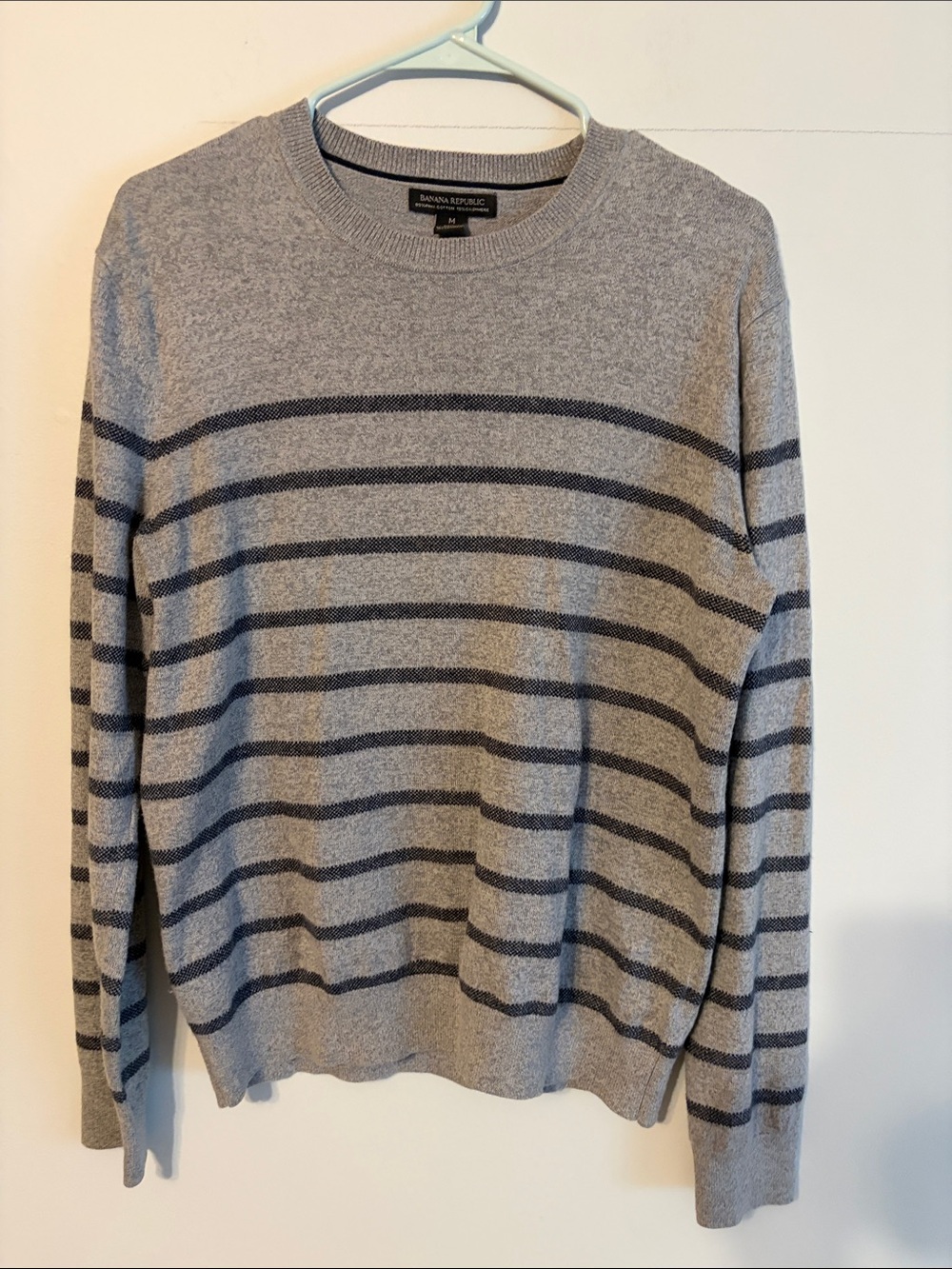 Banana Republic Gray Crewneck Sweater with Navy Stripes. Pima cotton/cashmere. M